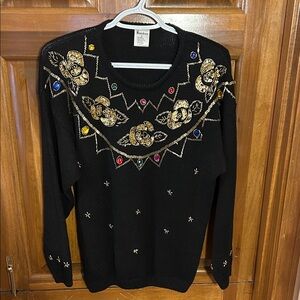 Rainbow Black Sweater with Gold and Jewel Accents